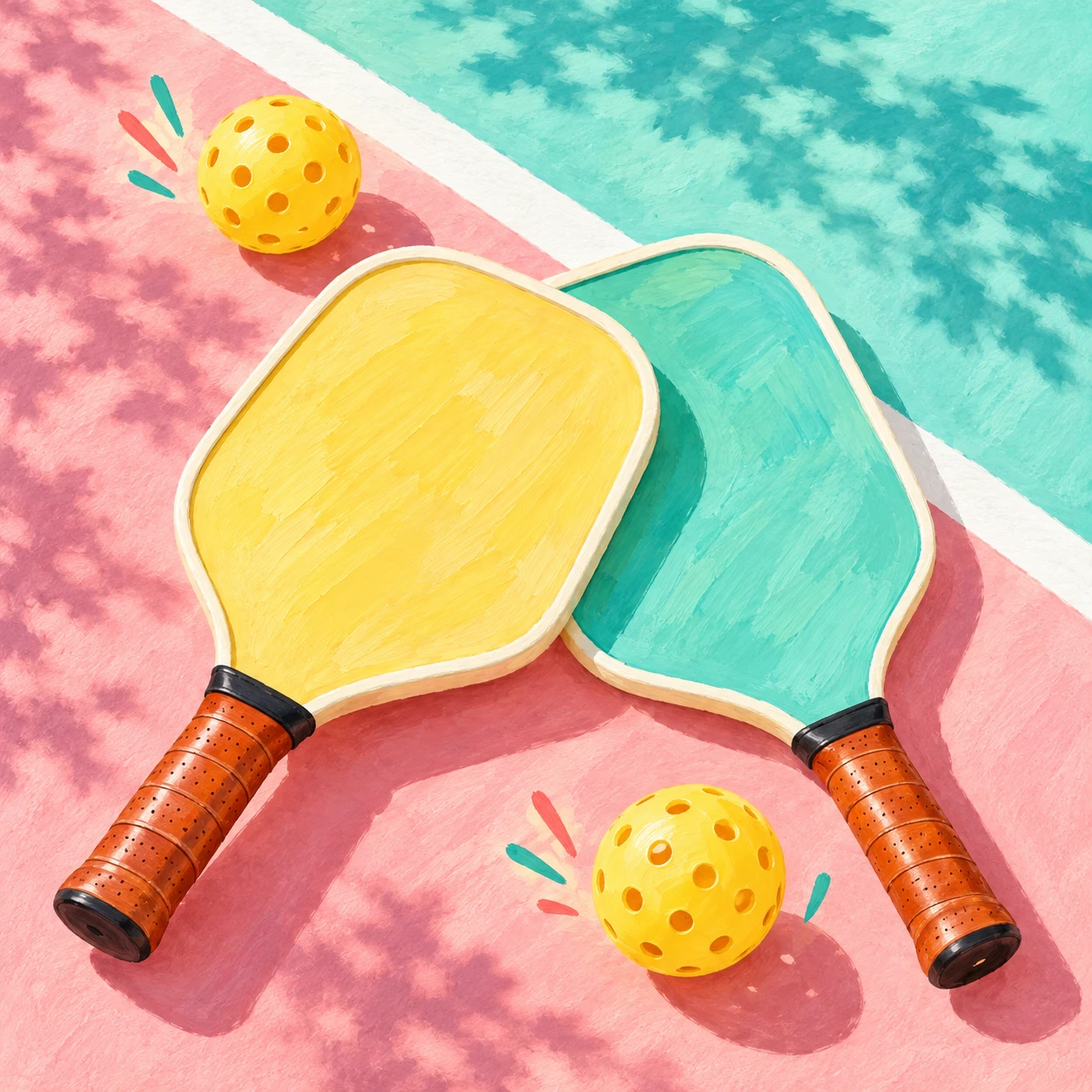 ミントとピンクのコートに黄色とミントのパドル、黄色いボールを描いた、手描きタッチのメインビジュアル